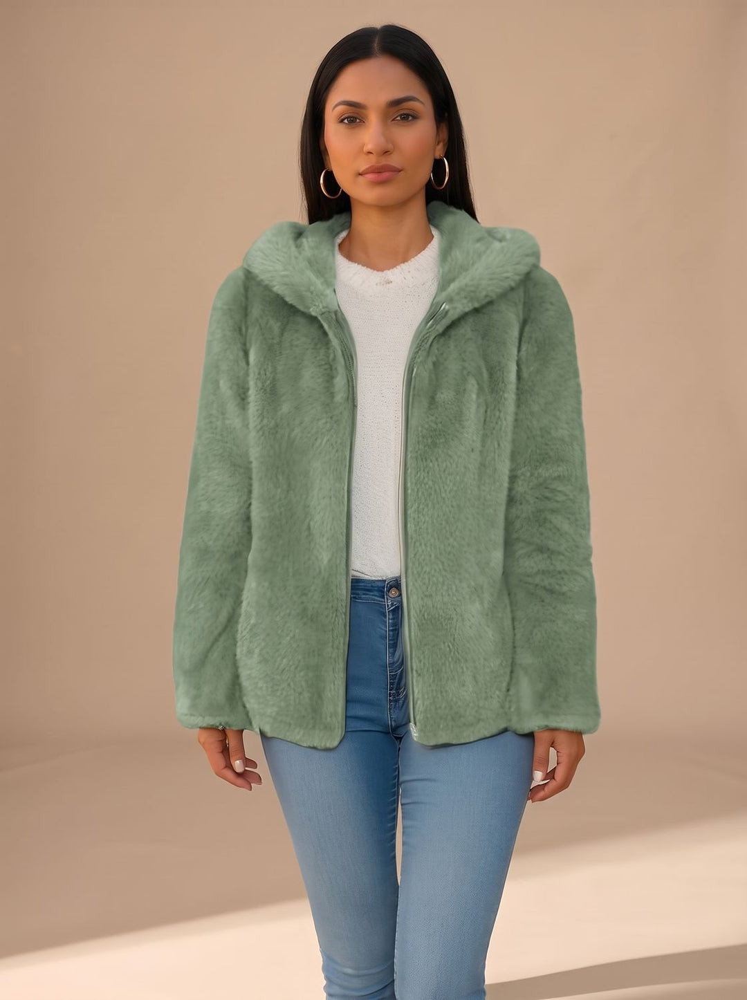 Oversized Damen Mantel Teddy-Kunstfell in Grün