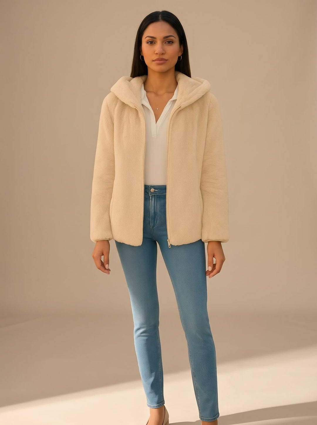 Oversized Damen Mantel Teddy-Kunstfell in Hellbraun