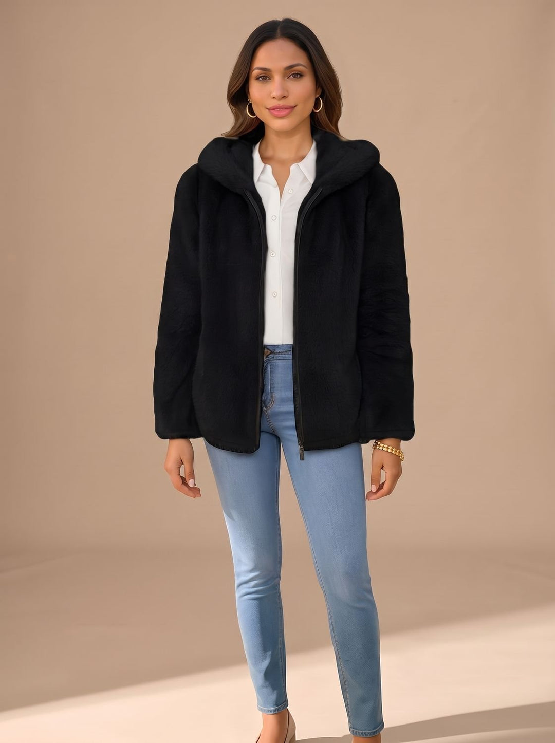 Oversized Damen Mantel Teddy-Kunstfell in Schwarz