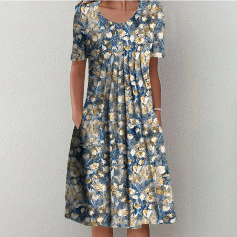 Schickes Midi-Kleid für Hochzeitsgäste in Blau Gelb