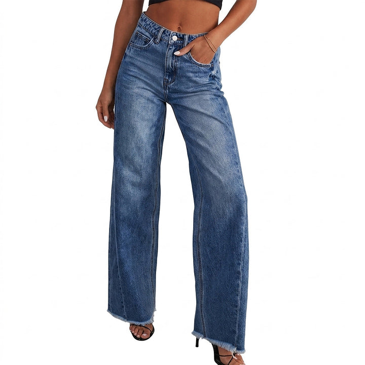 Schwarze Damen Jeans mit Hochbund und Weite in Dunkelblau