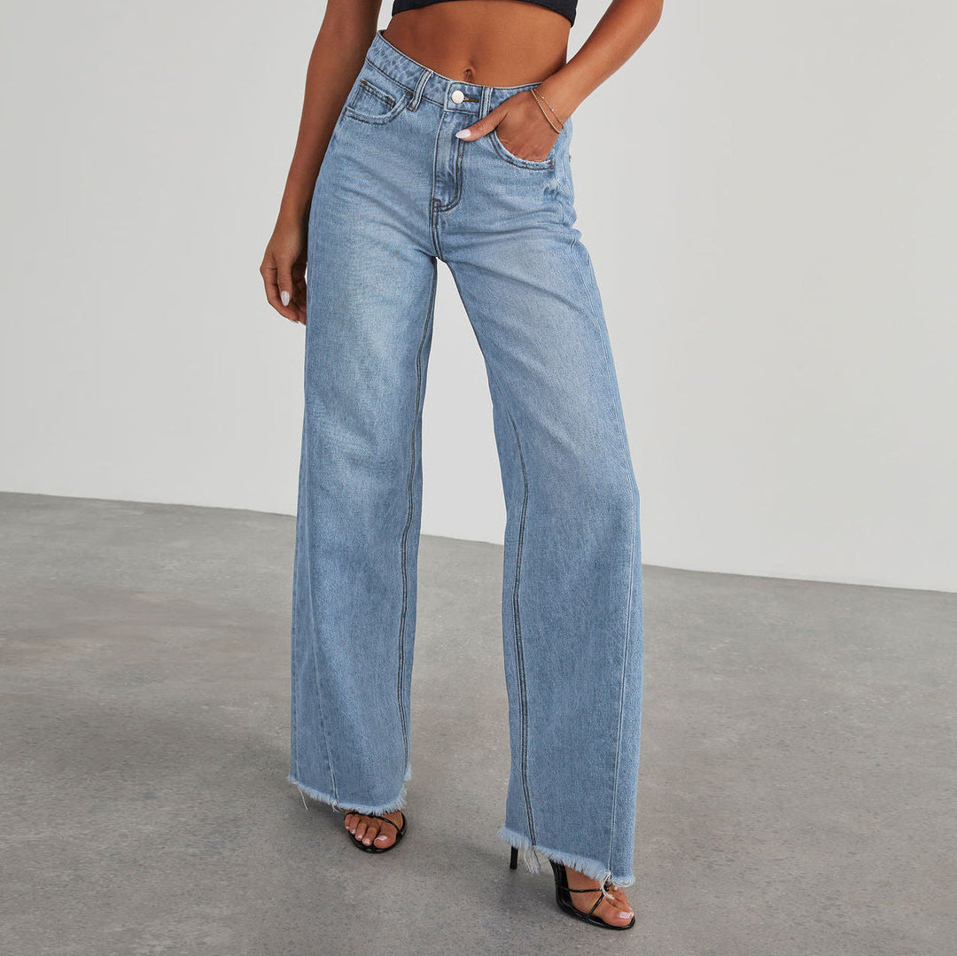 Schwarze Damen Jeans mit Hochbund und Weite in Hellblau
