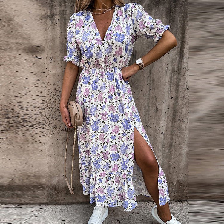 Sommerkleid mit Knopfleiste & Schlitz in Lila