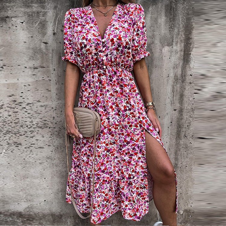 Sommerkleid mit Knopfleiste & Schlitz in Rosa 1