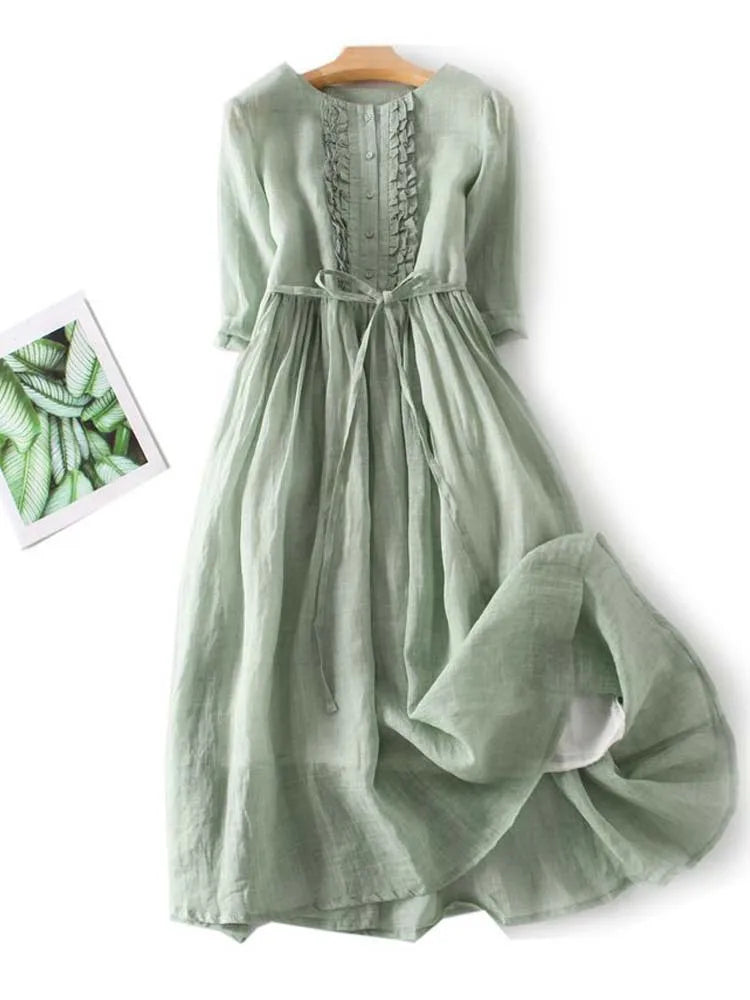 Sommerliches Leinenkleid im Boho-Stil in Grün