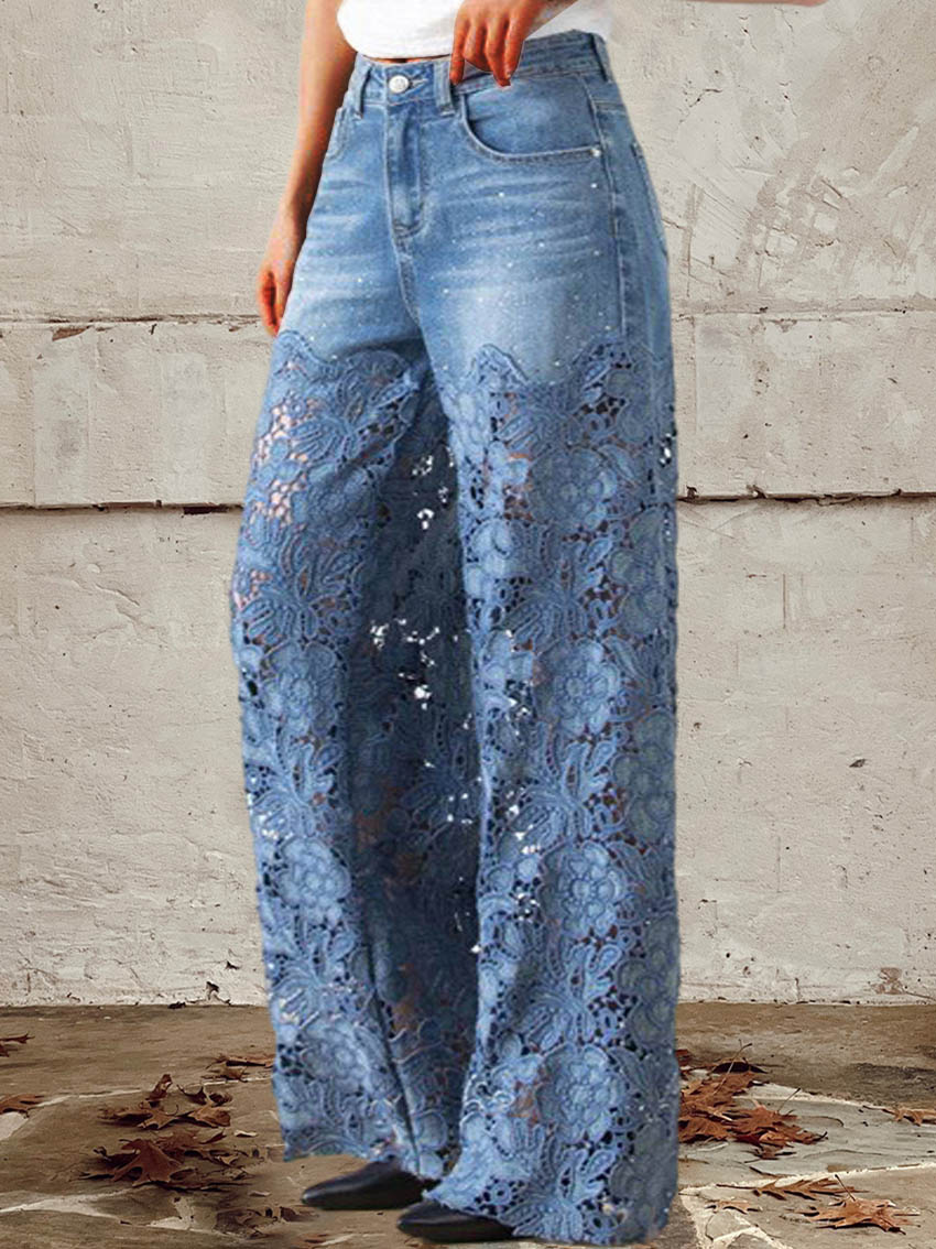 Spitzen- & Patchwork-Mid-Rise-Jeans Vintage jeans (2)
