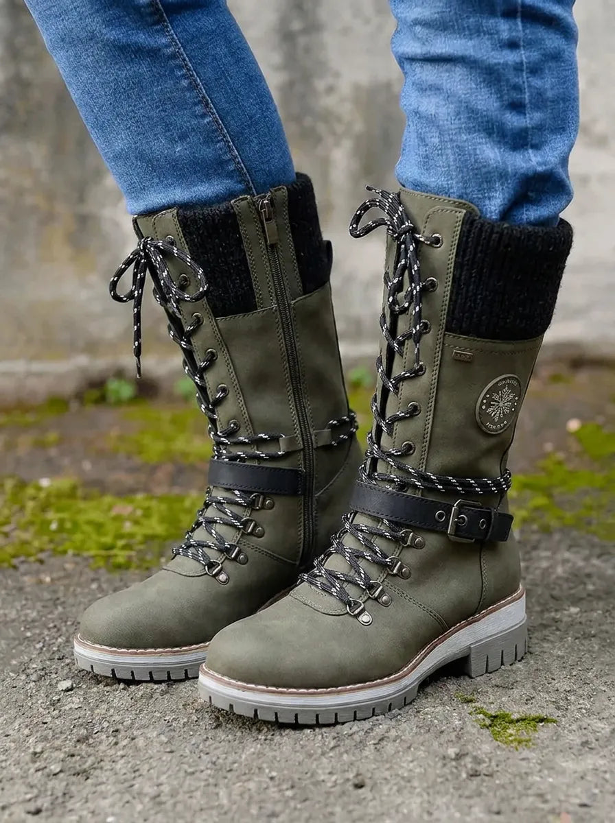 Stiefeletten Damen wasserdicht Schnürung Wadenhöhe in Grün