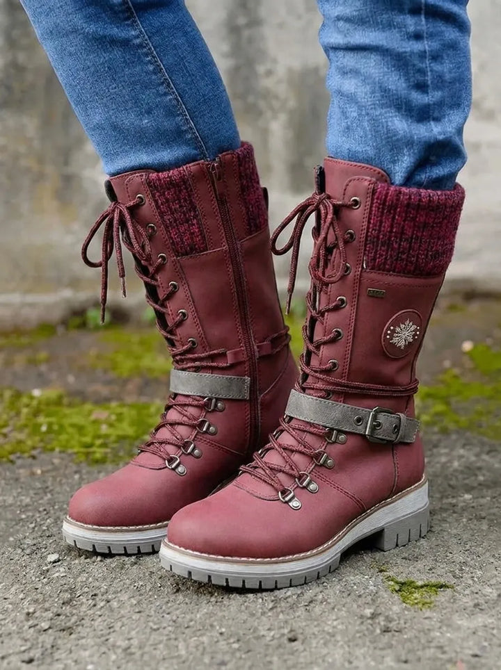 Stiefeletten Damen wasserdicht Schnürung Wadenhöhe in Rot