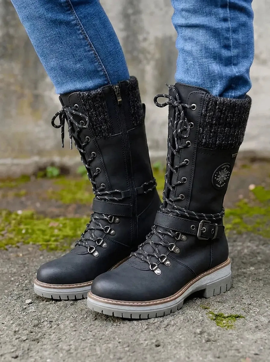 Stiefeletten Damen wasserdicht Schnürung Wadenhöhe in Schwarz