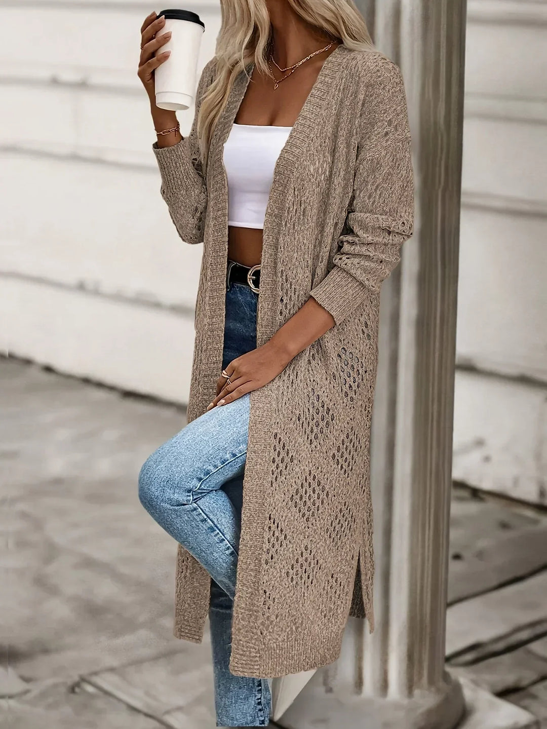 Strickjacke Damen Wadenlang mit Lochmuster (3)