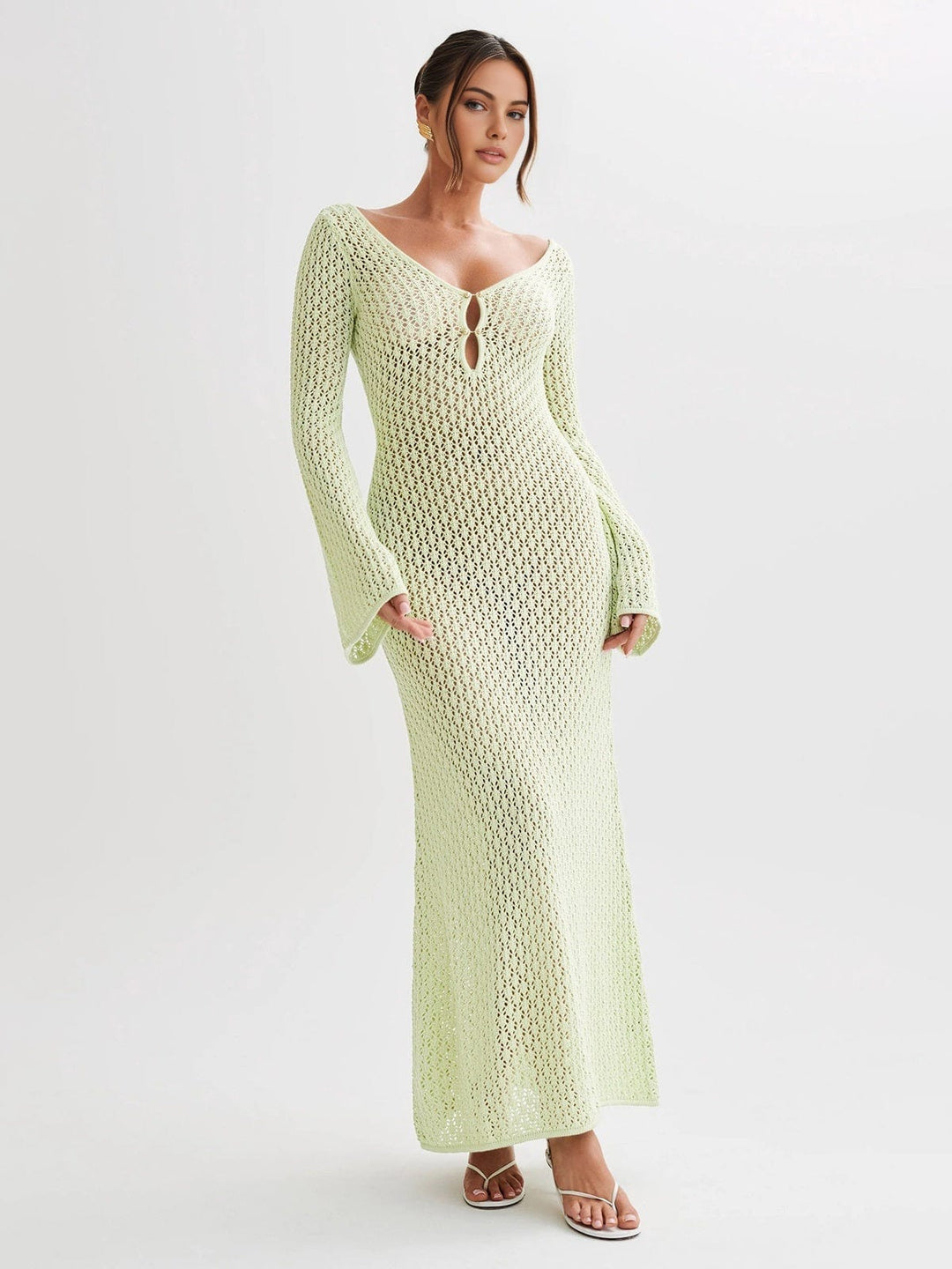 V-Ausschnitt Gehäkeltes Maxikleid mit Glockenärmeln in Hellgrün 1