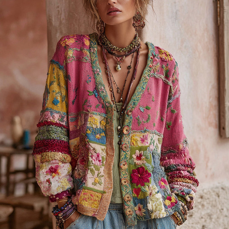 Vintage Strickjacke mit Blumenstickerei in Rosa