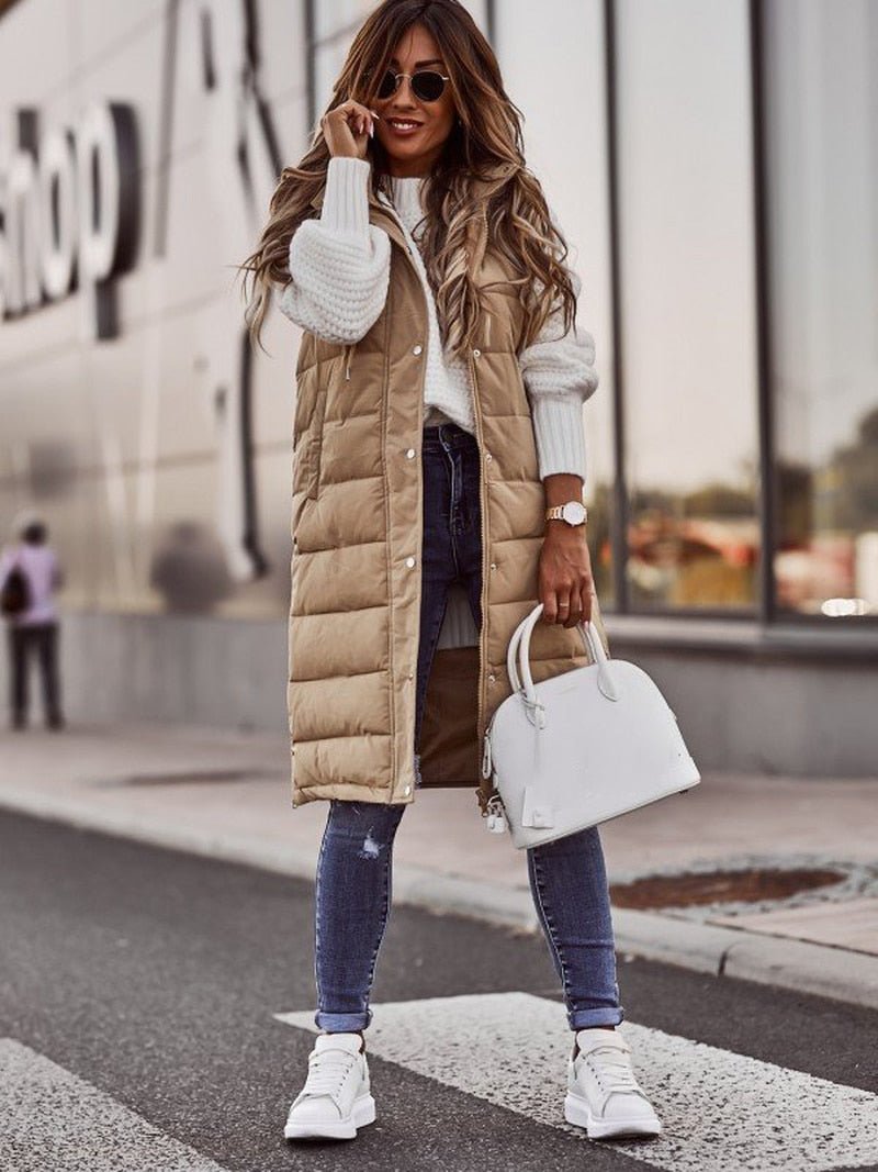 Warme Damen Steppweste knielang für Herbst in Beige 1