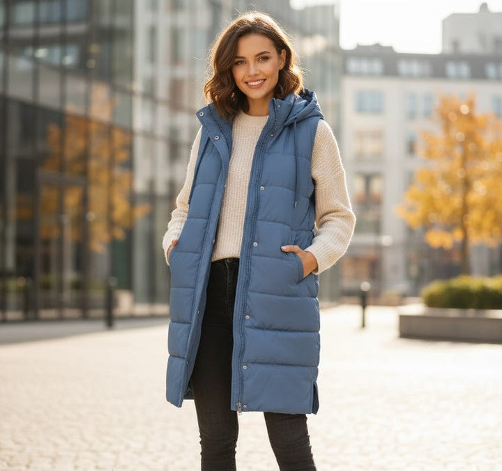 Warme Damen Steppweste knielang für Herbst in Blau