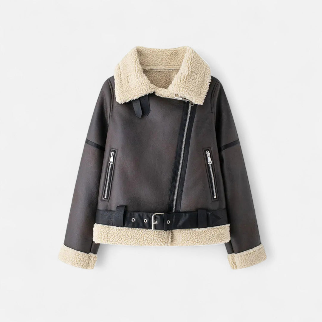 Warme Damen Winterjacke im Biker-Stil in Braun