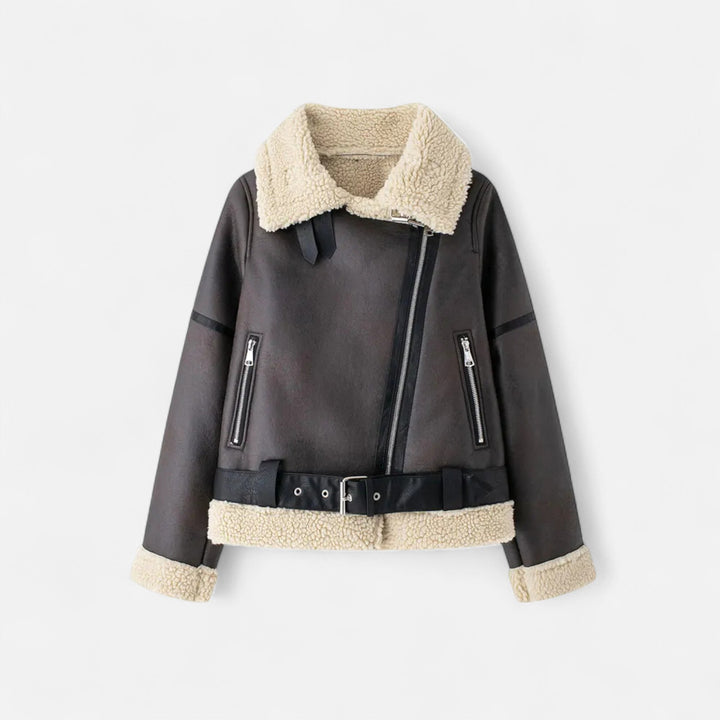 Warme Damen Winterjacke im Biker-Stil in Braun