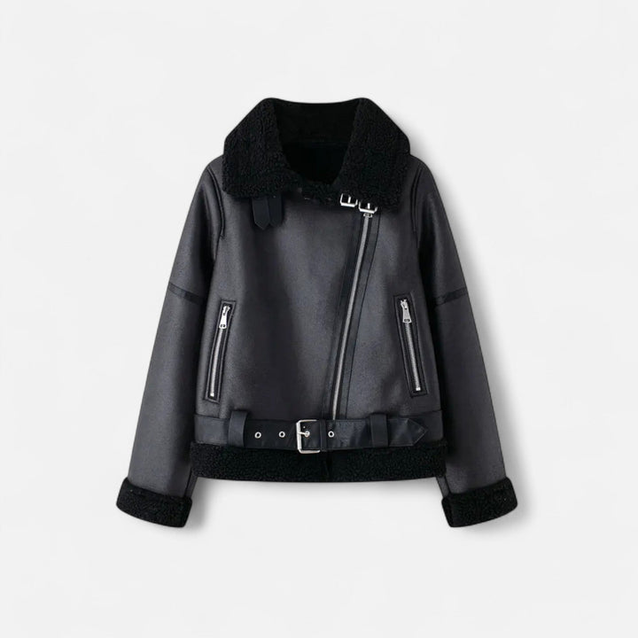 Warme Damen Winterjacke im Biker-Stil in Schwarz