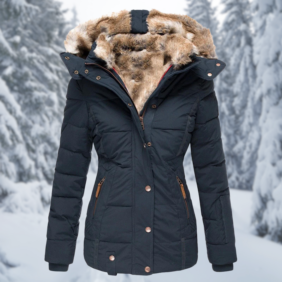 Warme Damen Winterjacke mit Fellkapuze in Blau