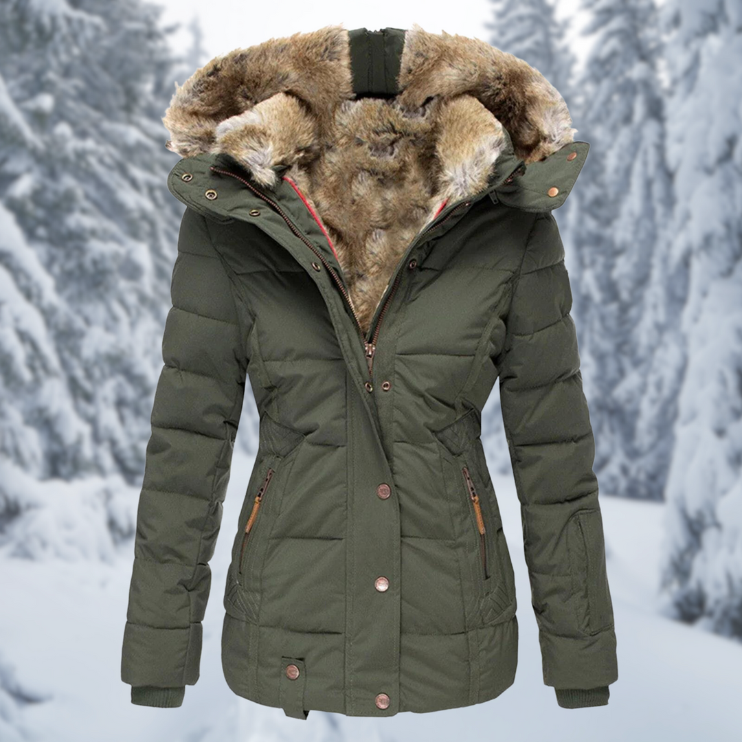 Warme Damen Winterjacke mit Fellkapuze in Grün