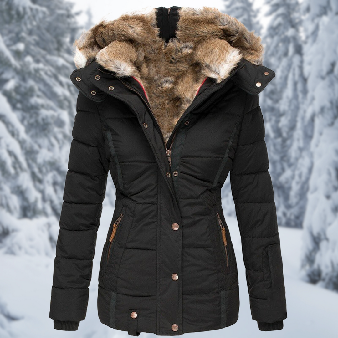 Warme Damen Winterjacke mit Fellkapuze in Schwarz 1