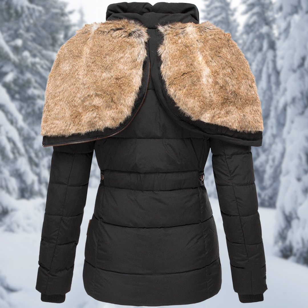 Warme Damen Winterjacke mit Fellkapuze in Schwarz 2