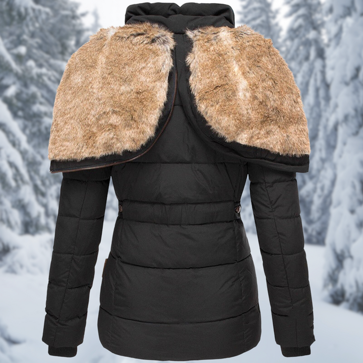 Warme Damen Winterjacke mit Fellkapuze in Schwarz 2