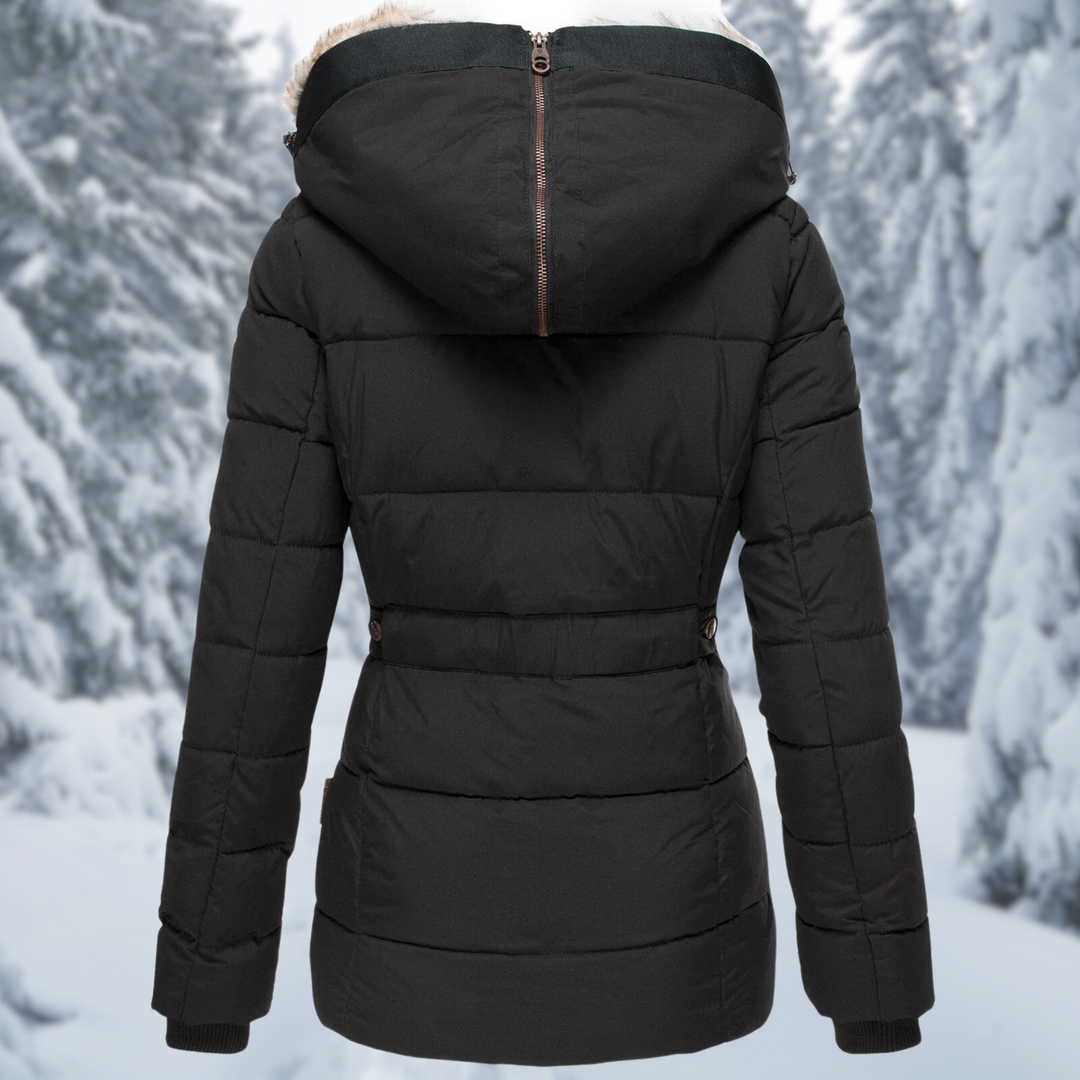Warme Damen Winterjacke mit Fellkapuze in Schwarz 3