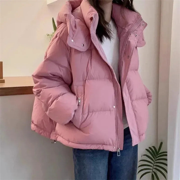 Warme Damen Winterjacke mit Kapuze in Rosa