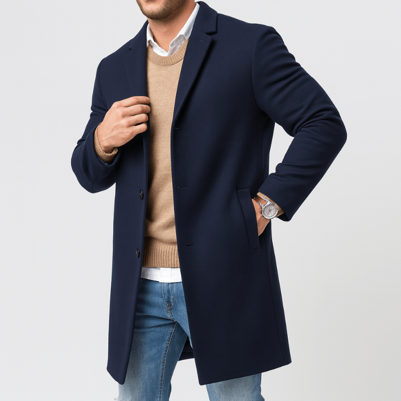 Warme Herren Winterjacke in Sakkolänge mit Reverskragen in Blau
