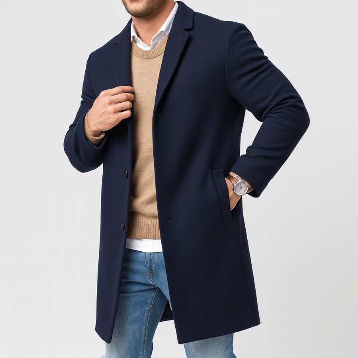 Warme Herren Winterjacke in Sakkolänge mit Reverskragen in Blau