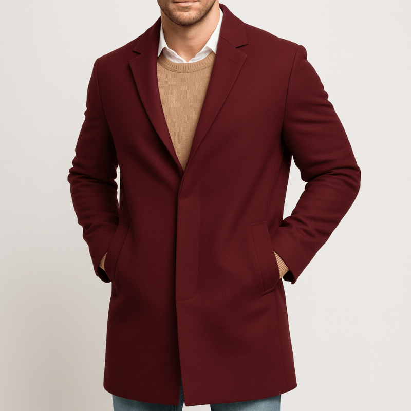 Warme Herren Winterjacke in Sakkolänge mit Reverskragen in Rot
