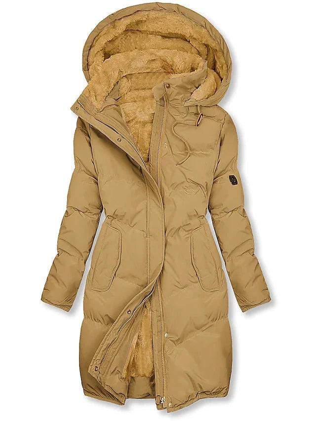 Warme lange Damen Winterjacke mit Kapuze in Beige