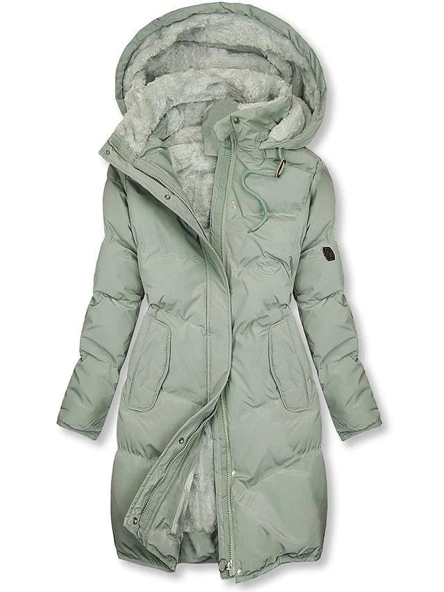 Warme lange Damen Winterjacke mit Kapuze in Mintgrün