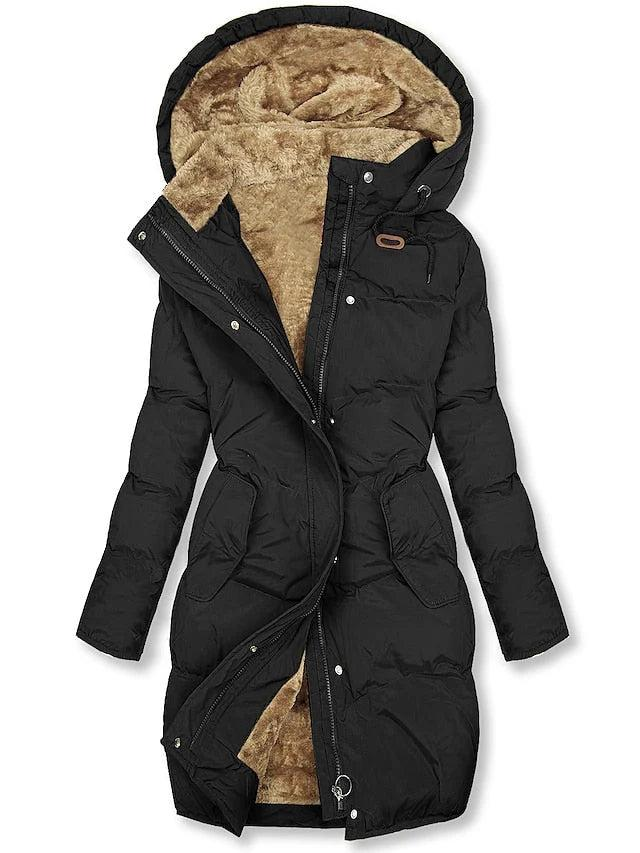 Warme lange Damen Winterjacke mit Kapuze in Schwarz