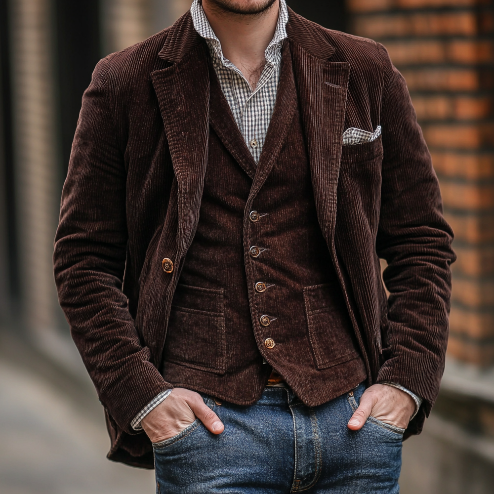 Warme Winterjacke Herren mit passender Weste in Braun
