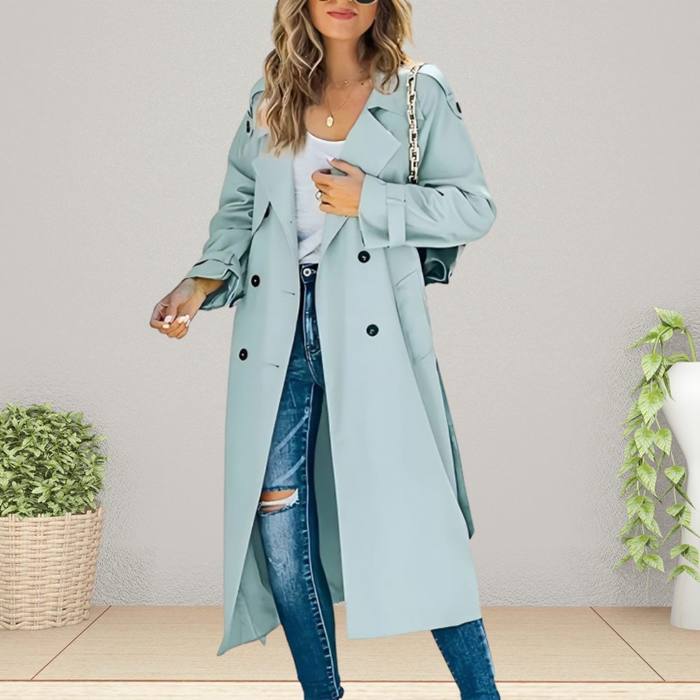 Warmer Damen Trenchcoat für den Herbst in Hellblau