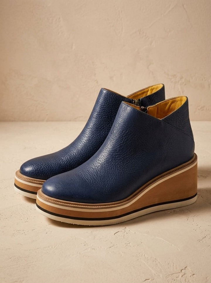 Wasserdichte Damen Stiefeletten aus Kunstleder mit Keilabsatz-Plattform in Blau