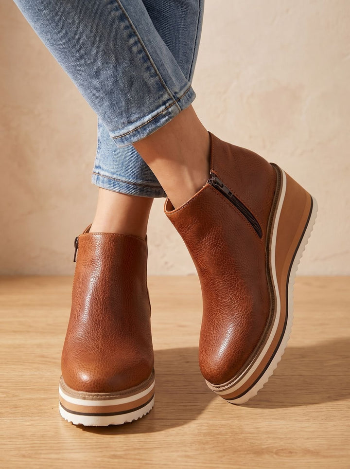 Wasserdichte Damen Stiefeletten aus Kunstleder mit Keilabsatz-Plattform in Braun