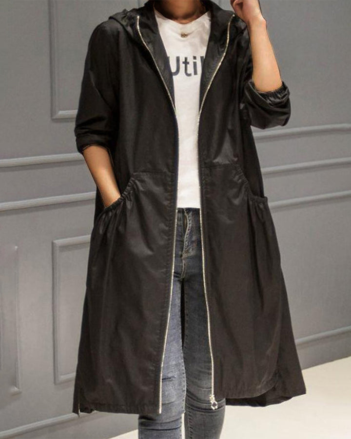 Wasserdichter Langer Trenchcoat Für Damen in Schwarz
