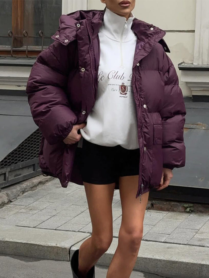 Winterjacke Damen im Oversize-Stil mit großer Kapuze in Purpurrot