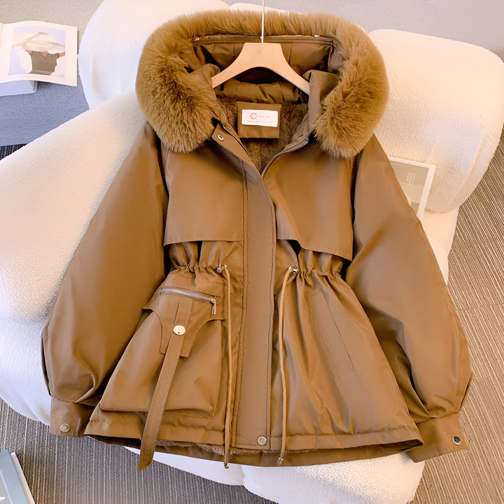 Winterjacke Damen mit Kunstpelzkragen und Zugband in Coffee