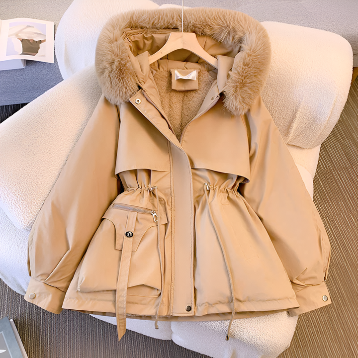 Winterjacke Damen mit Kunstpelzkragen und Zugband in Khaki