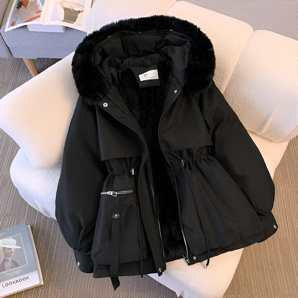 Winterjacke Damen mit Kunstpelzkragen und Zugband in Schwarz