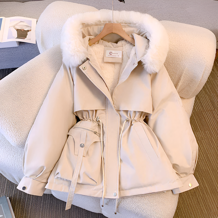 Winterjacke Damen mit Kunstpelzkragen und Zugband in Weiß