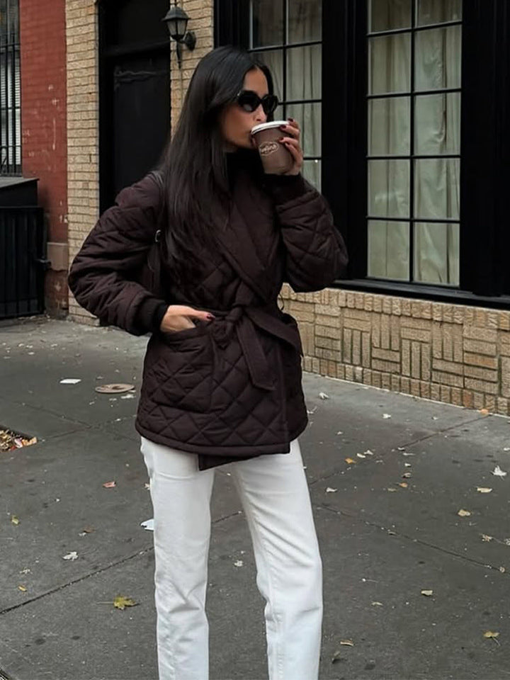 Winterjacke Damen mit Wickelfront und Steppung in Kaffee