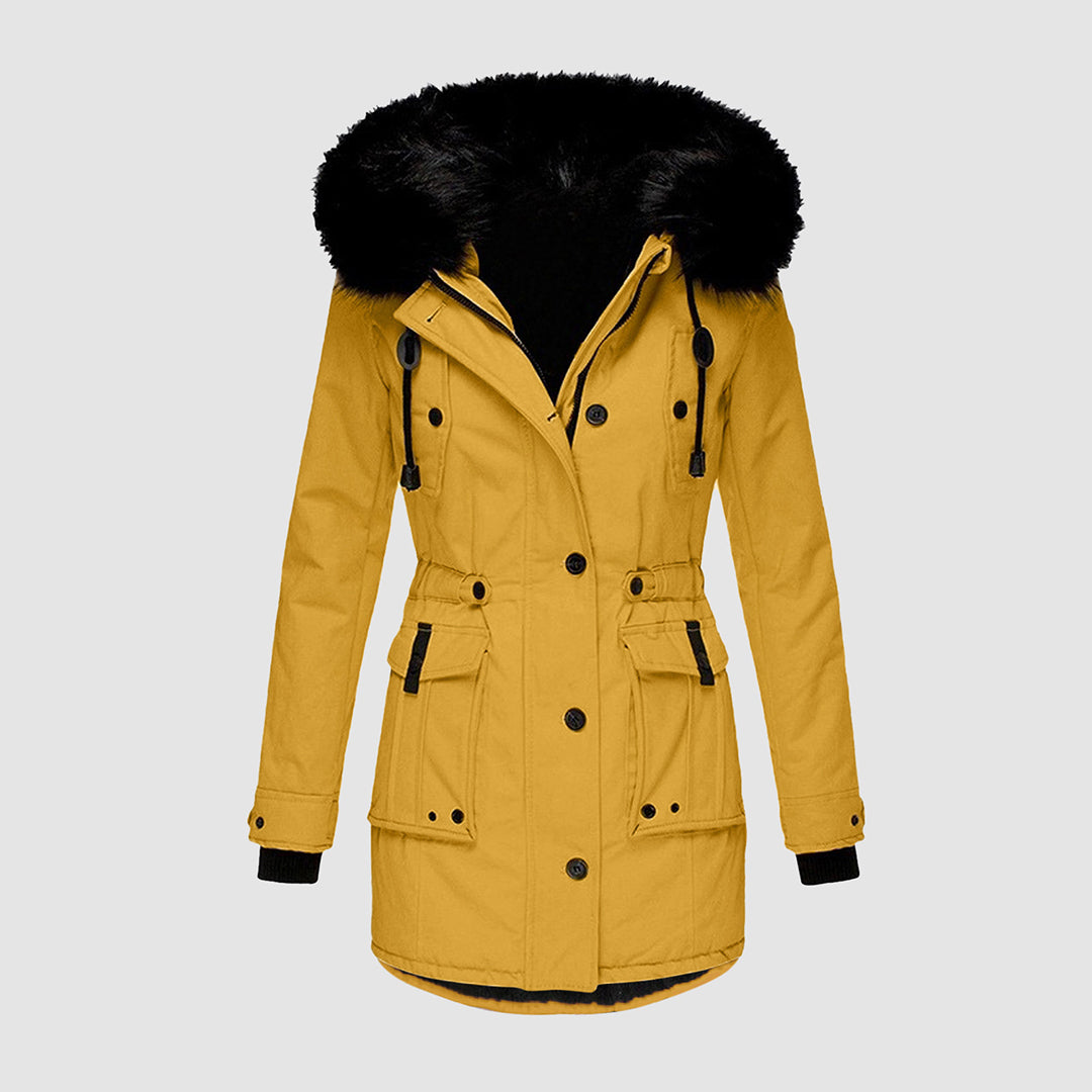 Winterjacke Damen modern gesteppt mit Kapuze in Gelb 2