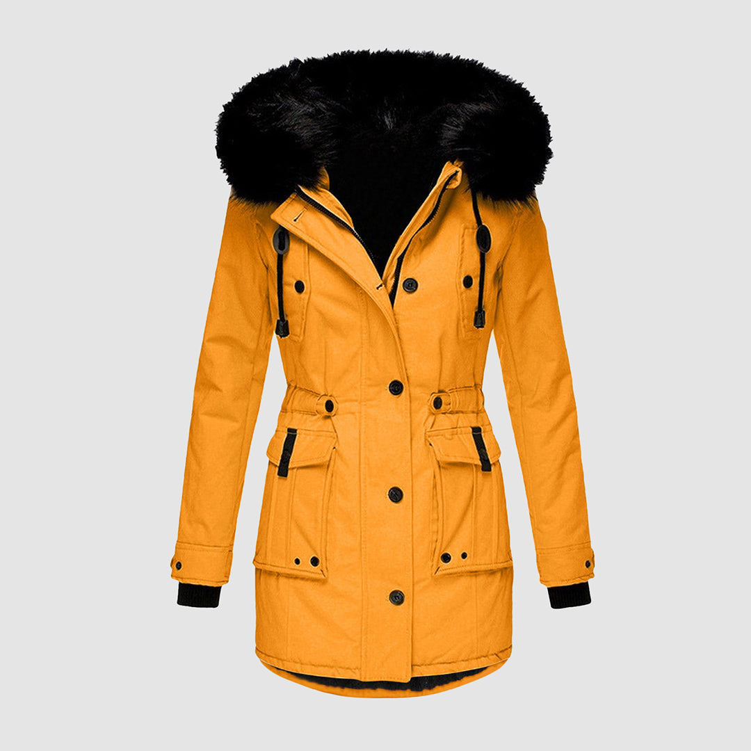 Winterjacke Damen modern gesteppt mit Kapuze in Goldfarben 1