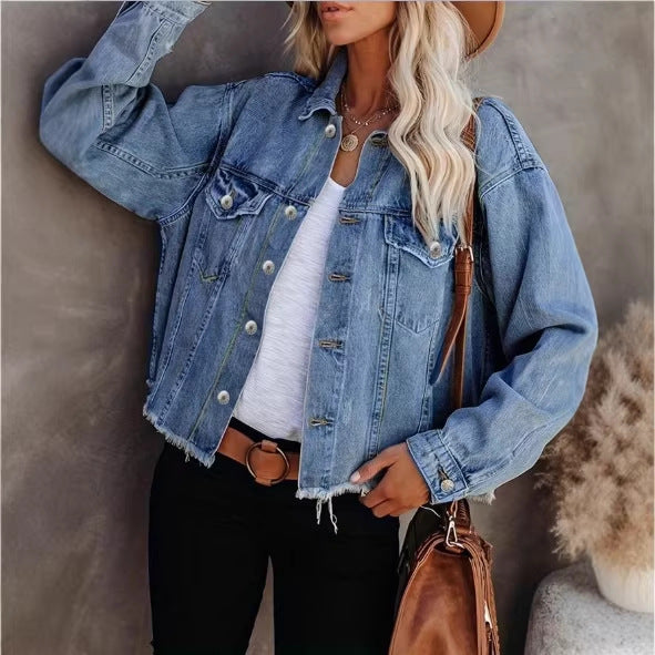 Winterjacke Damen Oversize Denim mit ausgefranstem Saum in Hellblau