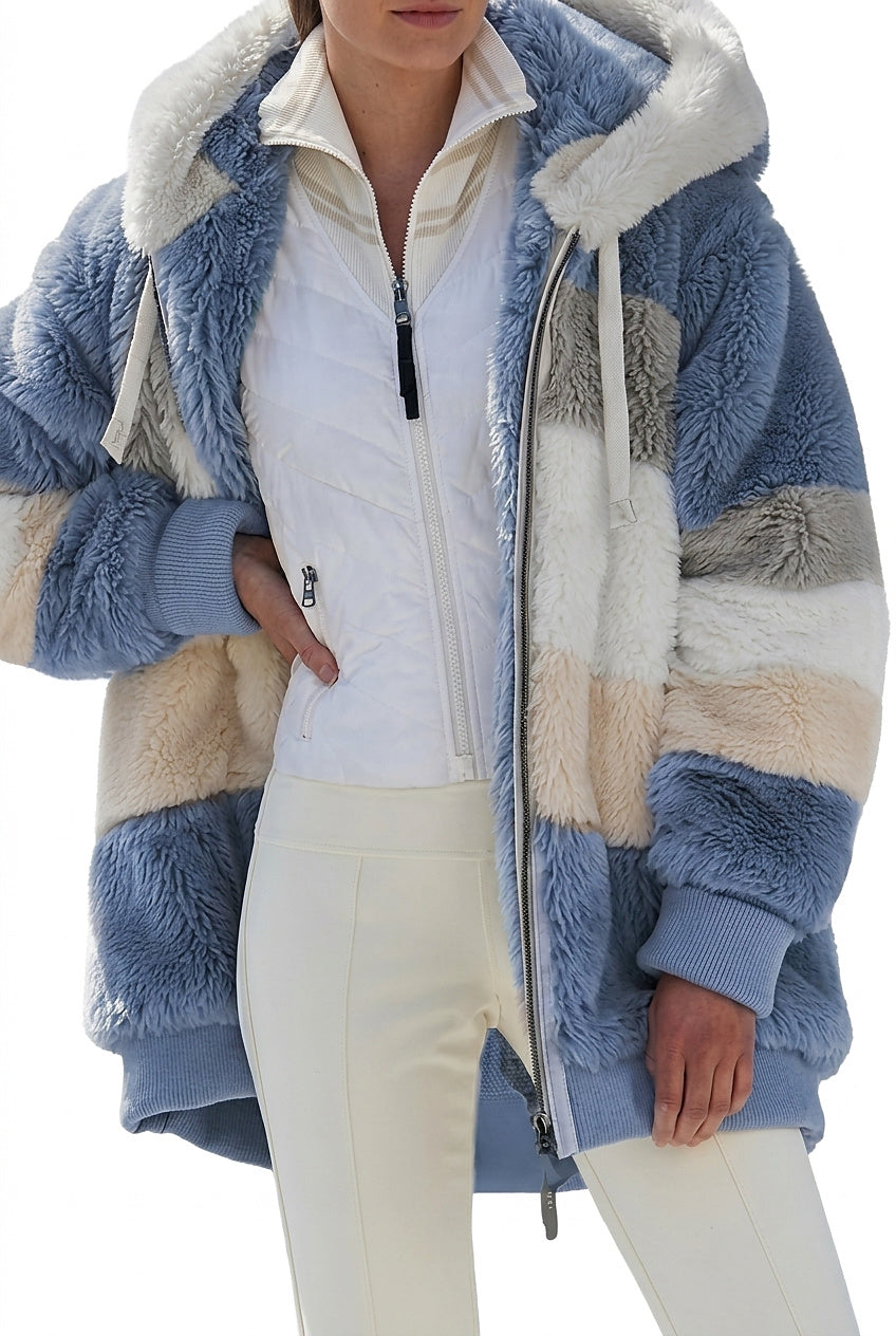 Wintermantel Damen im Colorblock-Stil aus Kunstfell in Blau