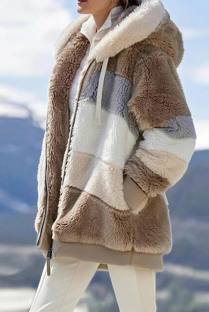 Wintermantel Damen im Colorblock-Stil aus Kunstfell in Khaki